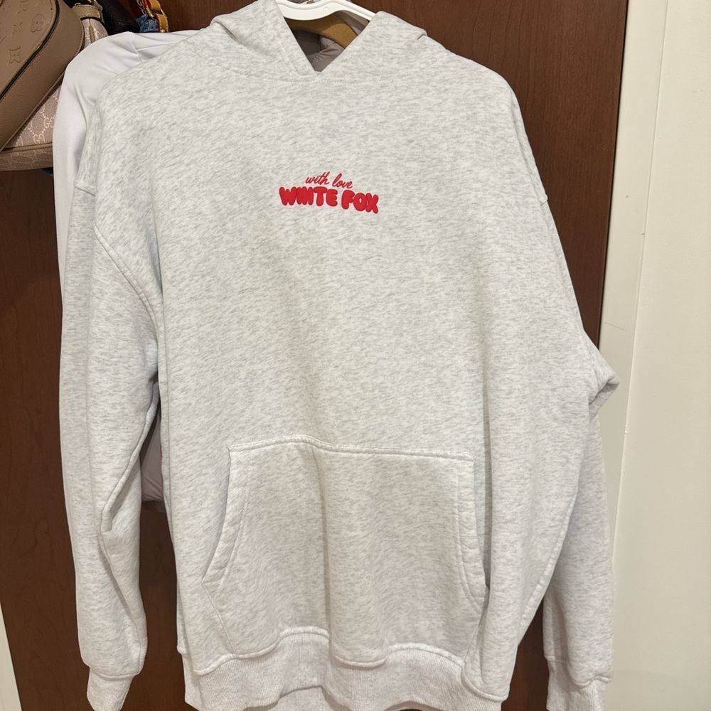White Fox Boutique Gray Hoodie with Red Logo